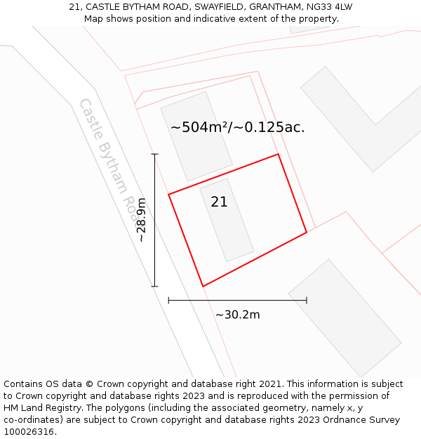 21, CASTLE BYTHAM ROAD, SWAYFIELD, GRANTHAM, NG33 4LW: Plot and title map