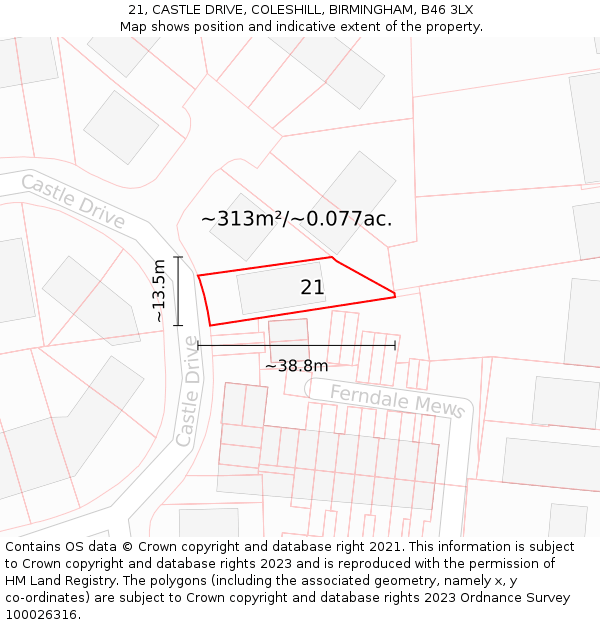 21, CASTLE DRIVE, COLESHILL, BIRMINGHAM, B46 3LX: Plot and title map