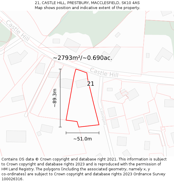 21, CASTLE HILL, PRESTBURY, MACCLESFIELD, SK10 4AS: Plot and title map