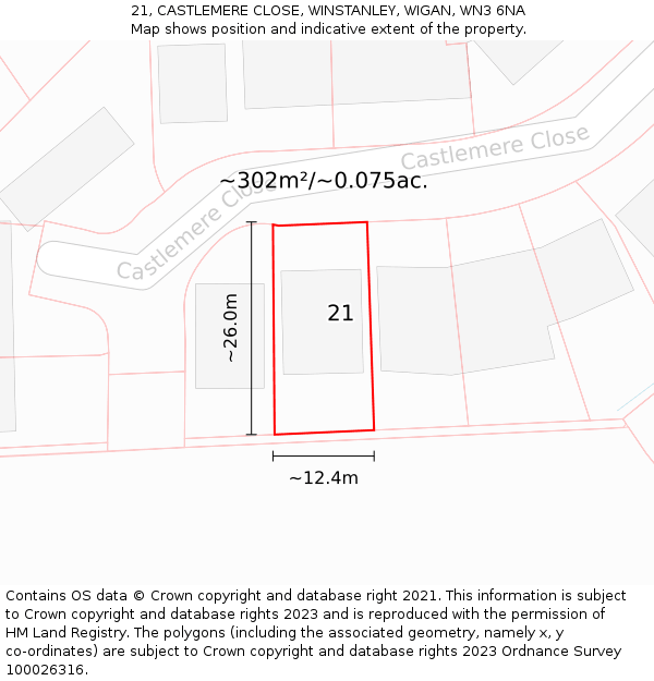 21, CASTLEMERE CLOSE, WINSTANLEY, WIGAN, WN3 6NA: Plot and title map