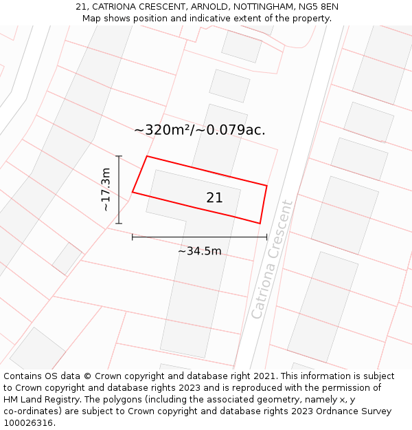 21, CATRIONA CRESCENT, ARNOLD, NOTTINGHAM, NG5 8EN: Plot and title map