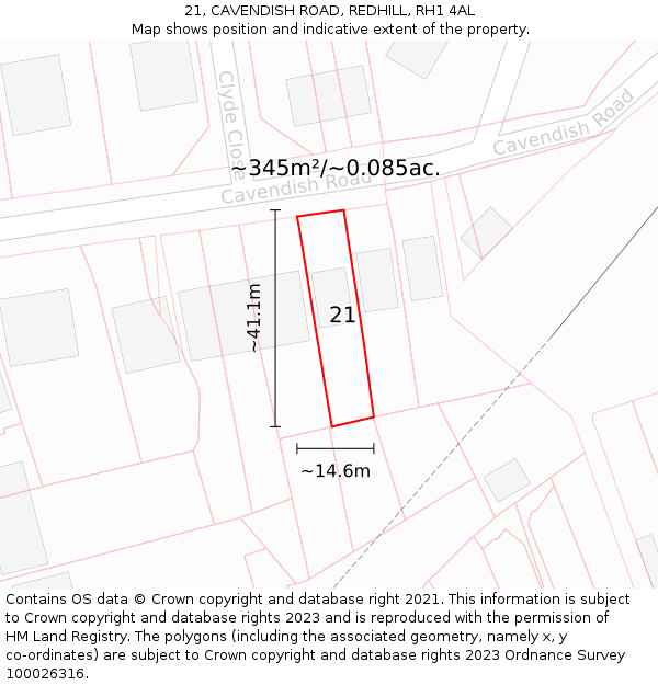 21, CAVENDISH ROAD, REDHILL, RH1 4AL: Plot and title map