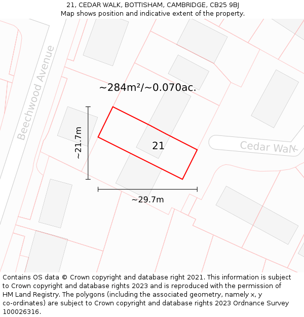 21, CEDAR WALK, BOTTISHAM, CAMBRIDGE, CB25 9BJ: Plot and title map