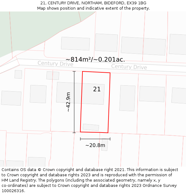 21, CENTURY DRIVE, NORTHAM, BIDEFORD, EX39 1BG: Plot and title map