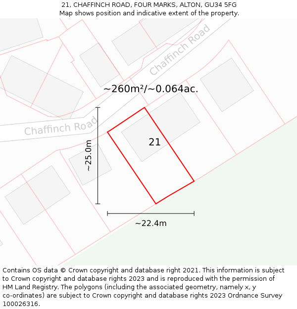 21, CHAFFINCH ROAD, FOUR MARKS, ALTON, GU34 5FG: Plot and title map