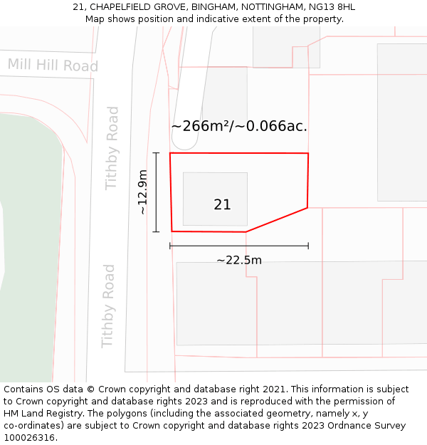 21, CHAPELFIELD GROVE, BINGHAM, NOTTINGHAM, NG13 8HL: Plot and title map