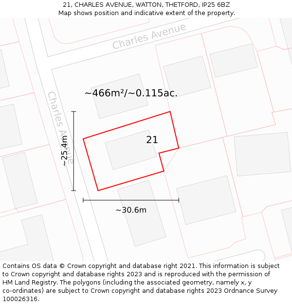21, CHARLES AVENUE, WATTON, THETFORD, IP25 6BZ: Plot and title map