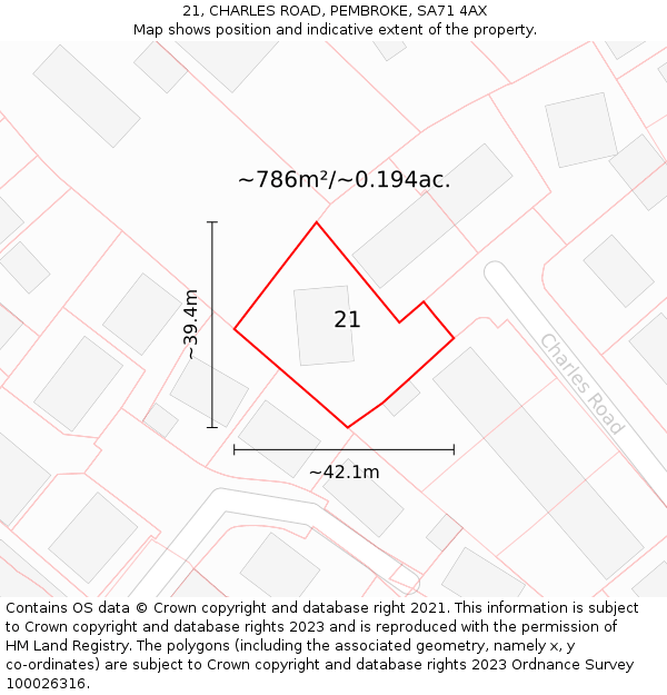 21, CHARLES ROAD, PEMBROKE, SA71 4AX: Plot and title map