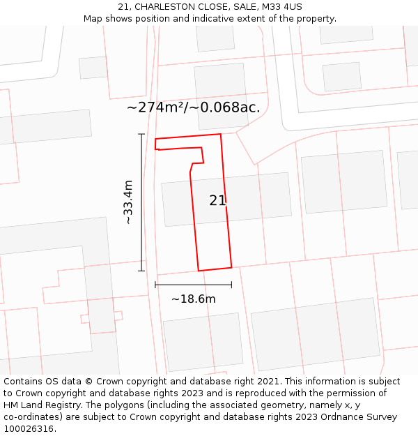 21, CHARLESTON CLOSE, SALE, M33 4US: Plot and title map