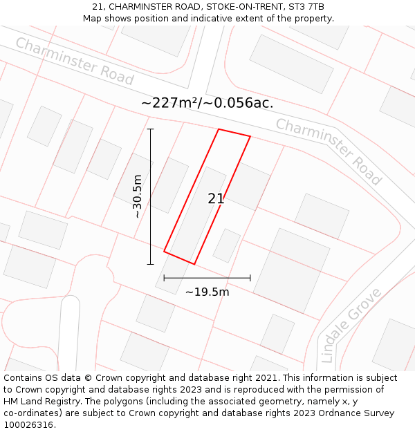 21, CHARMINSTER ROAD, STOKE-ON-TRENT, ST3 7TB: Plot and title map