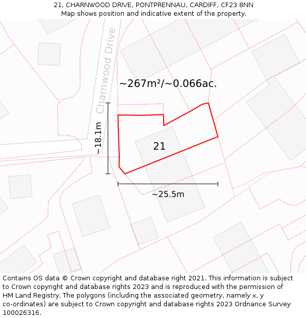 21, CHARNWOOD DRIVE, PONTPRENNAU, CARDIFF, CF23 8NN: Plot and title map