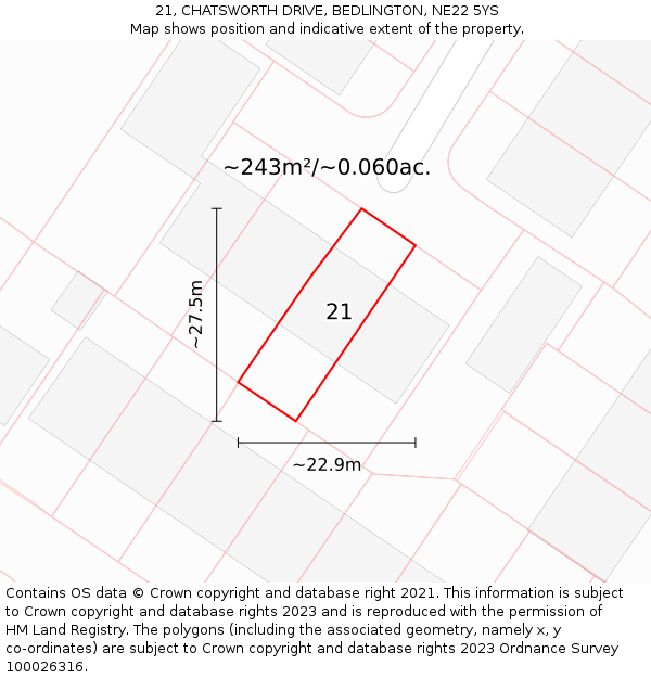 21, CHATSWORTH DRIVE, BEDLINGTON, NE22 5YS: Plot and title map