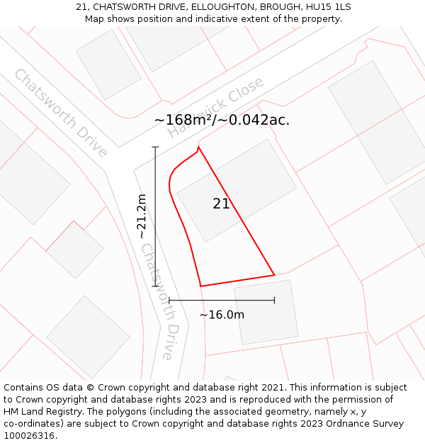 21, CHATSWORTH DRIVE, ELLOUGHTON, BROUGH, HU15 1LS: Plot and title map