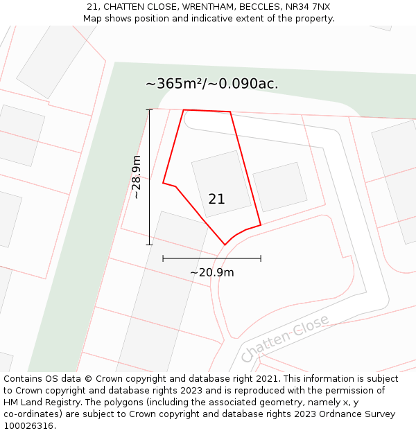 21, CHATTEN CLOSE, WRENTHAM, BECCLES, NR34 7NX: Plot and title map