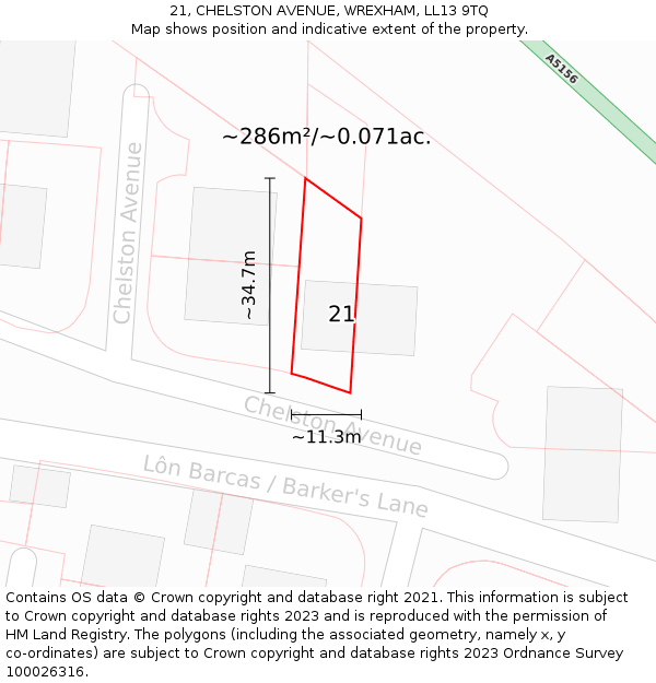 21, CHELSTON AVENUE, WREXHAM, LL13 9TQ: Plot and title map