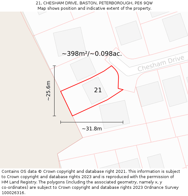 21, CHESHAM DRIVE, BASTON, PETERBOROUGH, PE6 9QW: Plot and title map