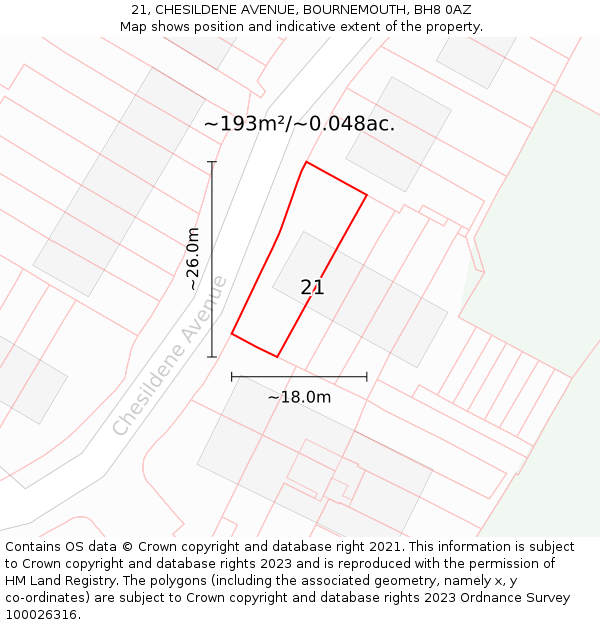 21, CHESILDENE AVENUE, BOURNEMOUTH, BH8 0AZ: Plot and title map