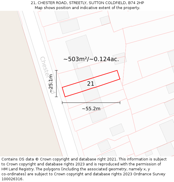 21, CHESTER ROAD, STREETLY, SUTTON COLDFIELD, B74 2HP: Plot and title map