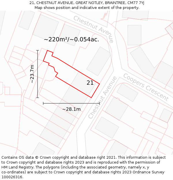 21, CHESTNUT AVENUE, GREAT NOTLEY, BRAINTREE, CM77 7YJ: Plot and title map