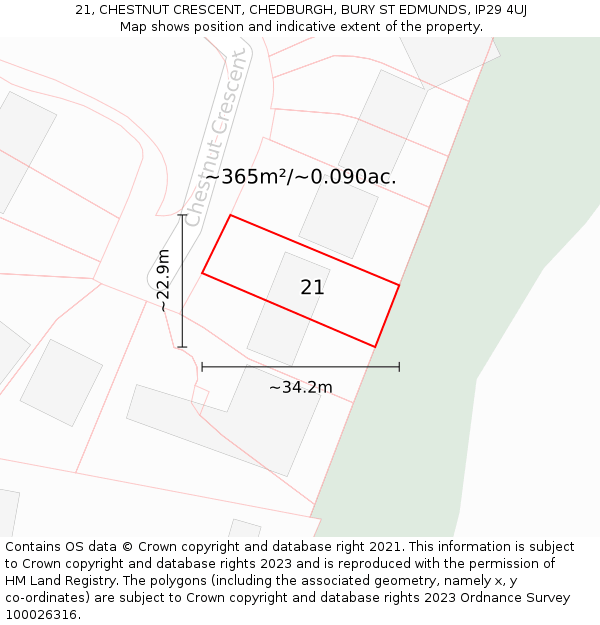 21, CHESTNUT CRESCENT, CHEDBURGH, BURY ST EDMUNDS, IP29 4UJ: Plot and title map