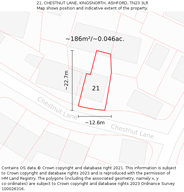 21, CHESTNUT LANE, KINGSNORTH, ASHFORD, TN23 3LR: Plot and title map