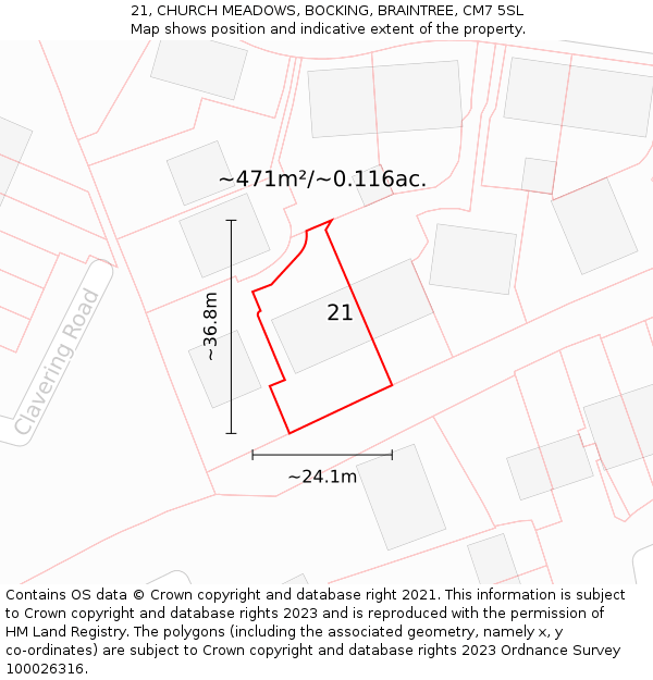 21, CHURCH MEADOWS, BOCKING, BRAINTREE, CM7 5SL: Plot and title map