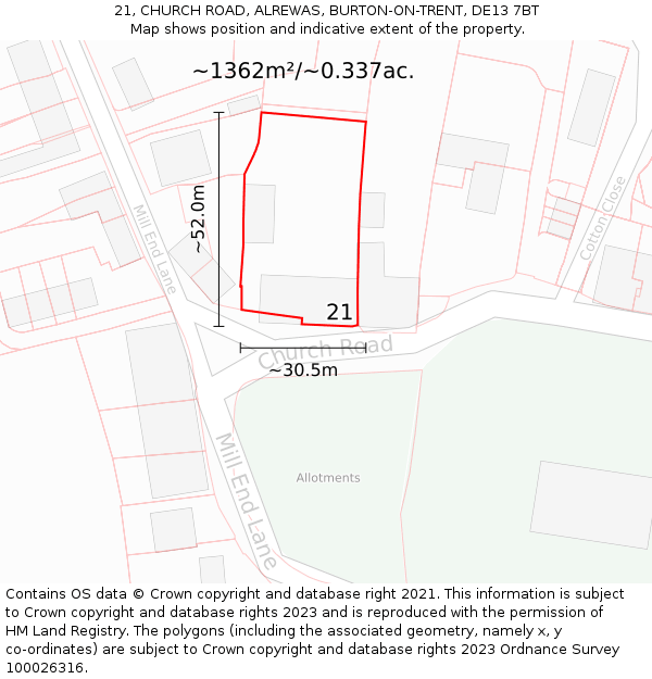 21, CHURCH ROAD, ALREWAS, BURTON-ON-TRENT, DE13 7BT: Plot and title map