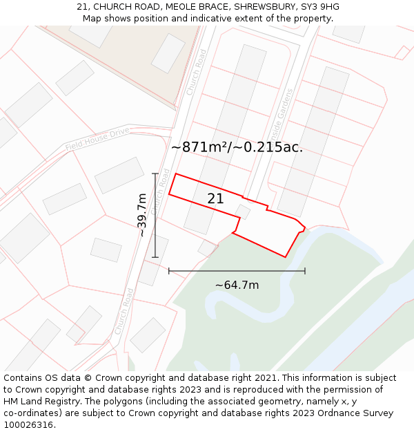 21, CHURCH ROAD, MEOLE BRACE, SHREWSBURY, SY3 9HG: Plot and title map