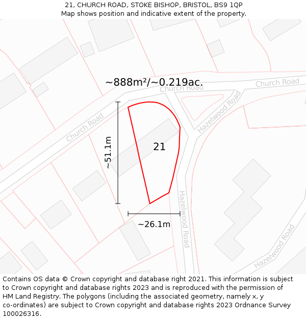 21, CHURCH ROAD, STOKE BISHOP, BRISTOL, BS9 1QP: Plot and title map