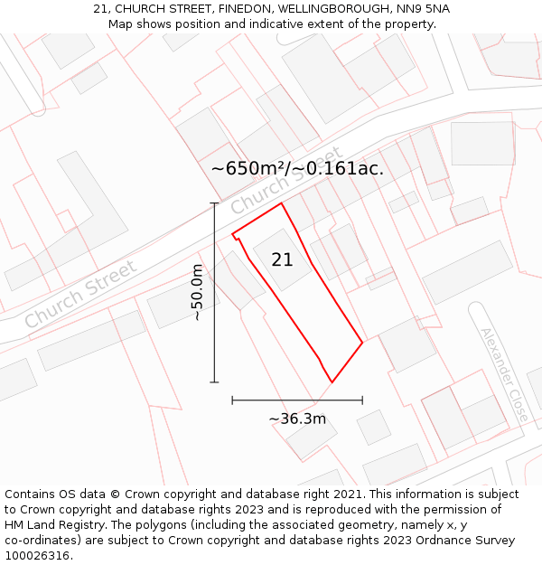 21, CHURCH STREET, FINEDON, WELLINGBOROUGH, NN9 5NA: Plot and title map