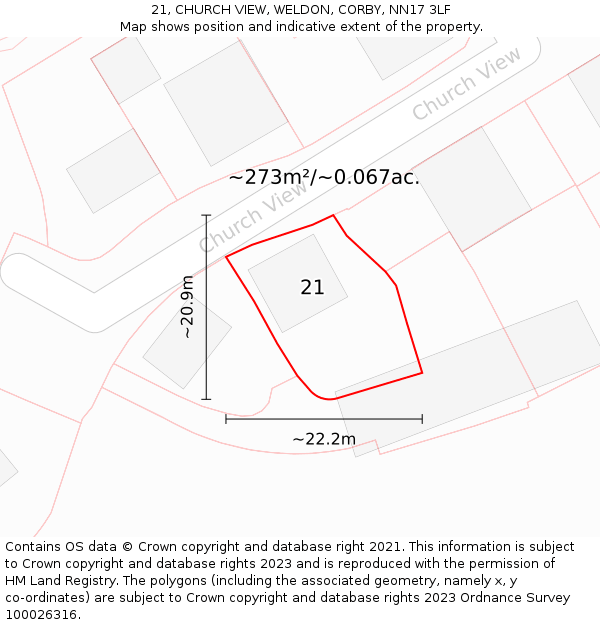 21, CHURCH VIEW, WELDON, CORBY, NN17 3LF: Plot and title map