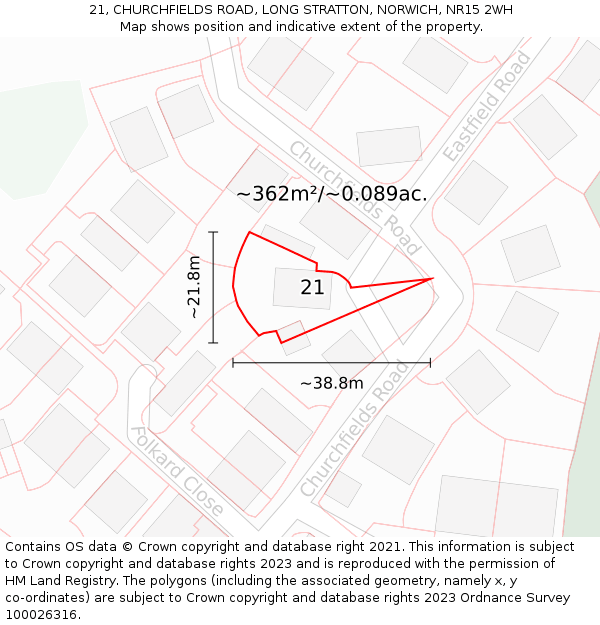 21, CHURCHFIELDS ROAD, LONG STRATTON, NORWICH, NR15 2WH: Plot and title map