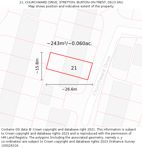 21, CHURCHWARD DRIVE, STRETTON, BURTON-ON-TRENT, DE13 0AU: Plot and title map