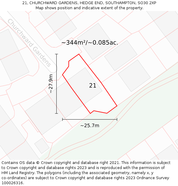 21, CHURCHWARD GARDENS, HEDGE END, SOUTHAMPTON, SO30 2XP: Plot and title map