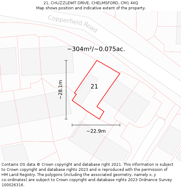 21, CHUZZLEWIT DRIVE, CHELMSFORD, CM1 4XQ: Plot and title map