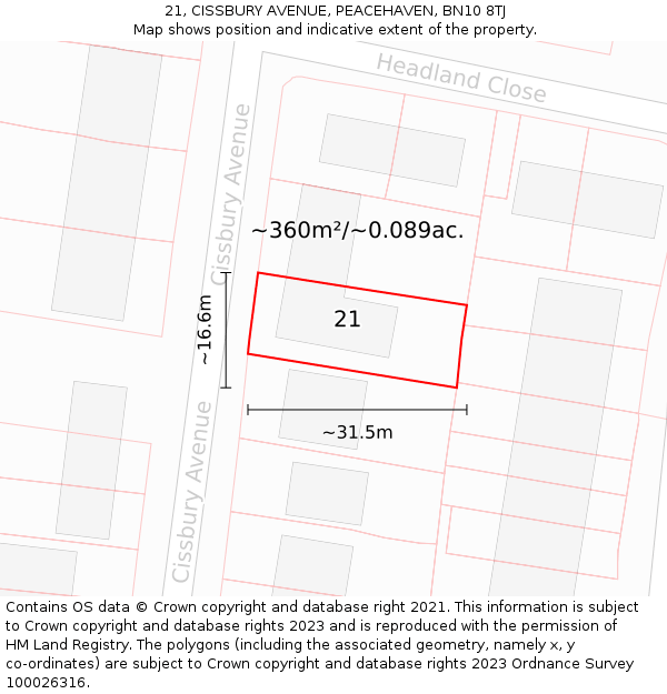 21, CISSBURY AVENUE, PEACEHAVEN, BN10 8TJ: Plot and title map