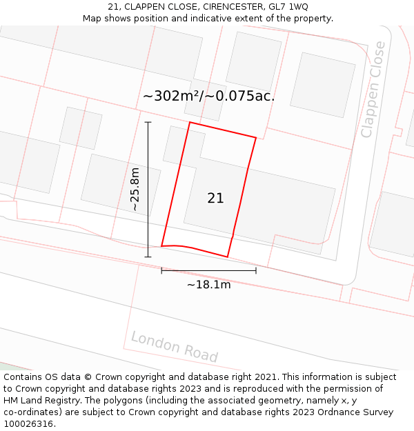 21, CLAPPEN CLOSE, CIRENCESTER, GL7 1WQ: Plot and title map