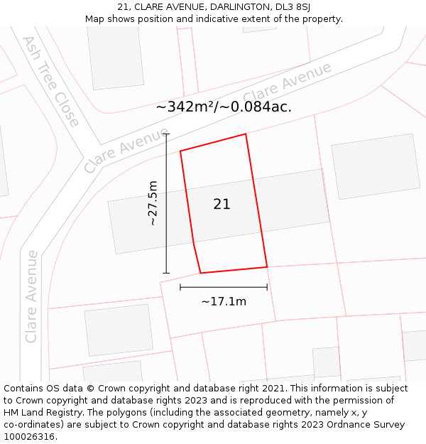 21, CLARE AVENUE, DARLINGTON, DL3 8SJ: Plot and title map