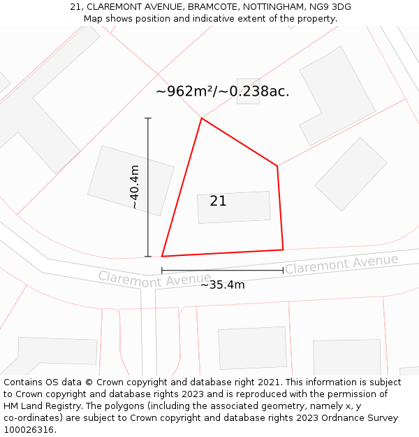 21, CLAREMONT AVENUE, BRAMCOTE, NOTTINGHAM, NG9 3DG: Plot and title map