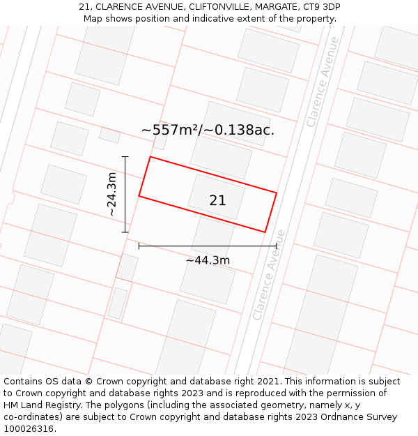 21, CLARENCE AVENUE, CLIFTONVILLE, MARGATE, CT9 3DP: Plot and title map