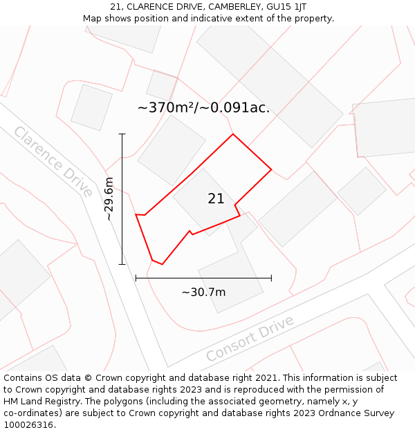 21, CLARENCE DRIVE, CAMBERLEY, GU15 1JT: Plot and title map