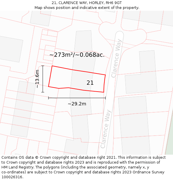 21, CLARENCE WAY, HORLEY, RH6 9GT: Plot and title map