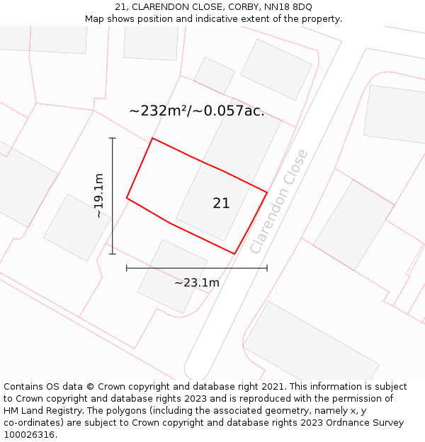 21, CLARENDON CLOSE, CORBY, NN18 8DQ: Plot and title map