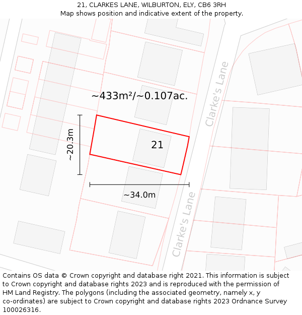 21, CLARKES LANE, WILBURTON, ELY, CB6 3RH: Plot and title map