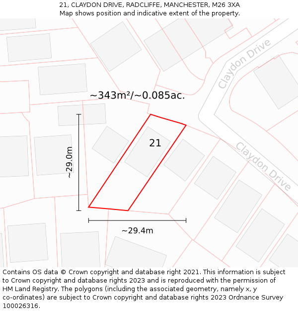 21, CLAYDON DRIVE, RADCLIFFE, MANCHESTER, M26 3XA: Plot and title map