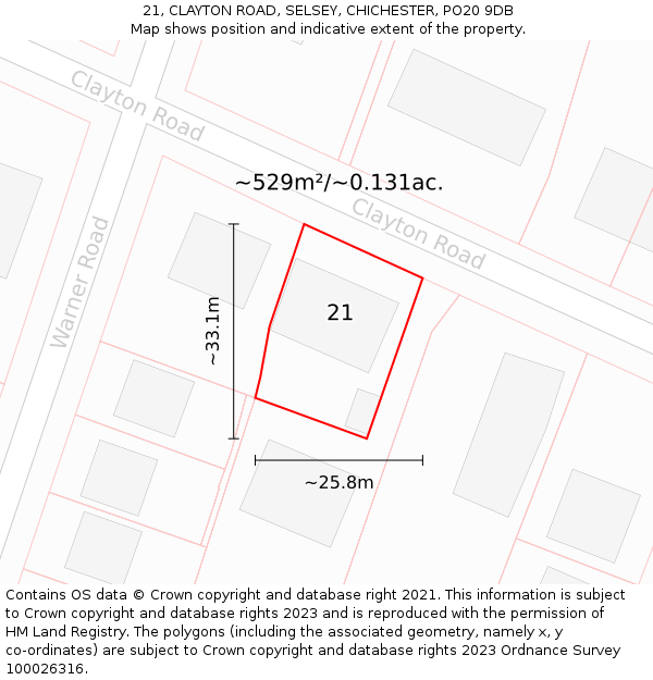 21, CLAYTON ROAD, SELSEY, CHICHESTER, PO20 9DB: Plot and title map