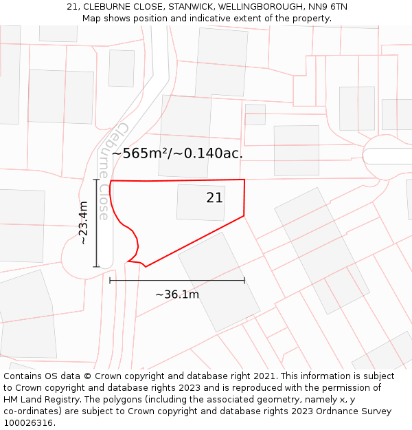 21, CLEBURNE CLOSE, STANWICK, WELLINGBOROUGH, NN9 6TN: Plot and title map