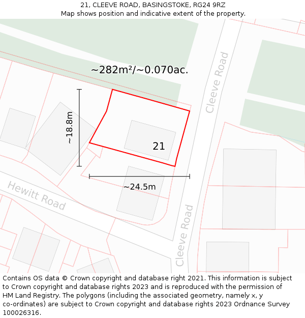 21, CLEEVE ROAD, BASINGSTOKE, RG24 9RZ: Plot and title map