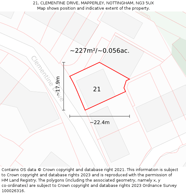 21, CLEMENTINE DRIVE, MAPPERLEY, NOTTINGHAM, NG3 5UX: Plot and title map