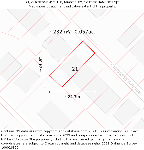 21, CLIPSTONE AVENUE, MAPPERLEY, NOTTINGHAM, NG3 5JZ: Plot and title map